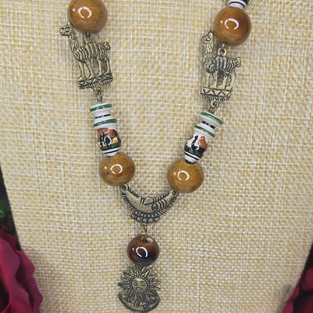 Vtg 70' Peruvian Ceramic Beads, Brass Llama Findings